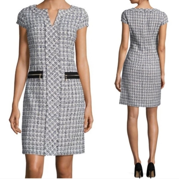 Karl Lagerfeld Tweed Dress Wool Blend Blue Black White Woven Cap Sleeve Sz 8 EUC - Picture 1 of 12